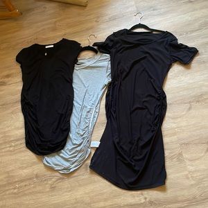 Bundle of maternity clothes. One black dress, midi, length, two tshirts